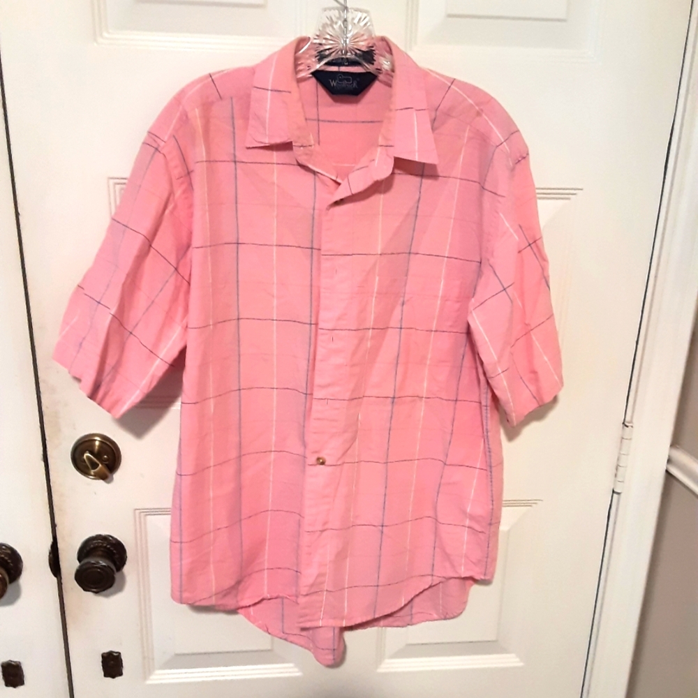 Vintage Woolruch Men's Button Down Short Sleeve Shirt Size M Pink
